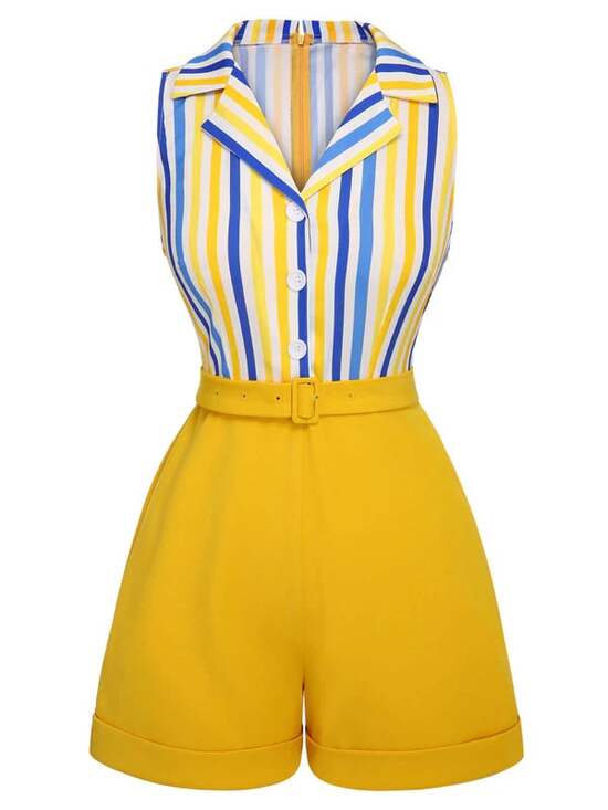 Retro Stage Pants - Retro Stage 1950s Yellow White Blue Striped Lapel Romper